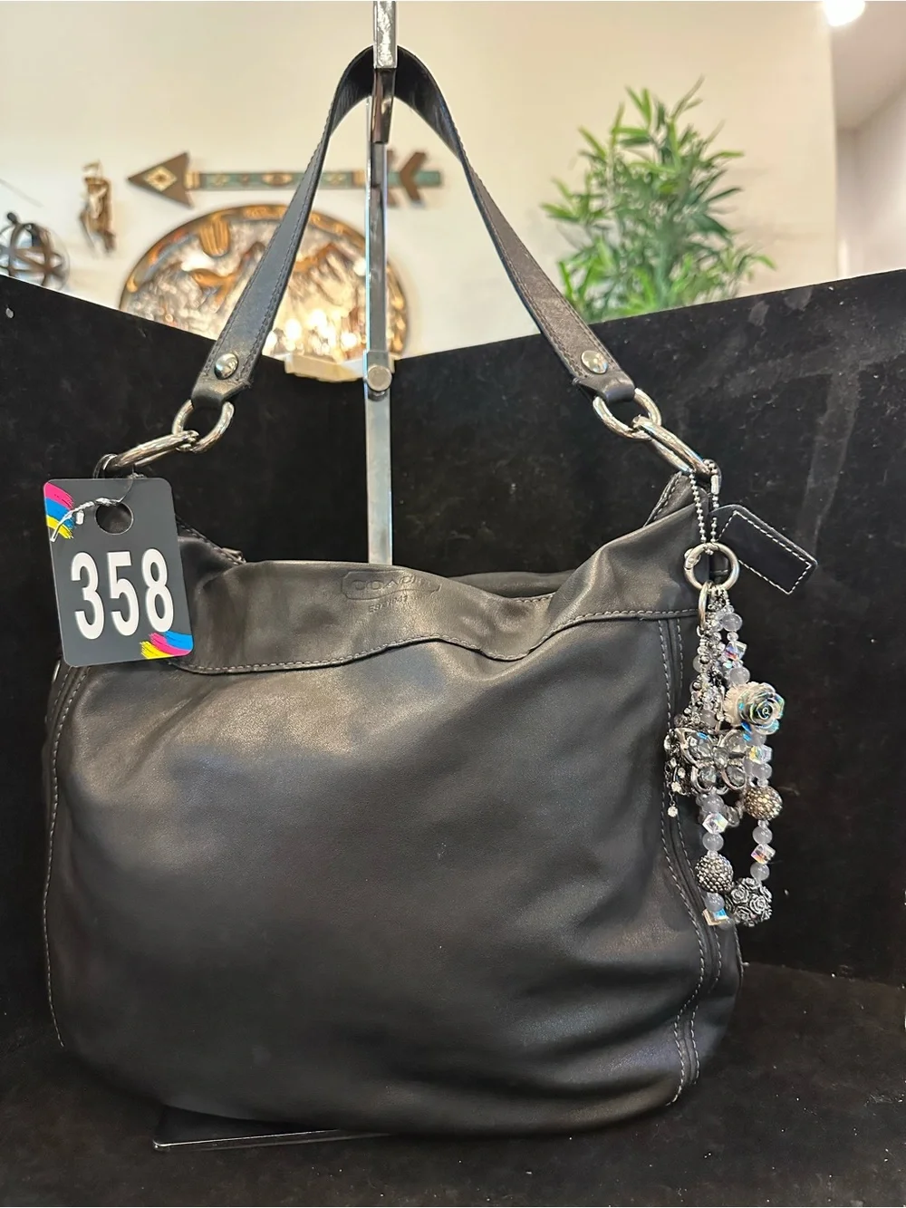 Coach #358 Zoe Leather Hobo Shoulder Bag with Charm Accent